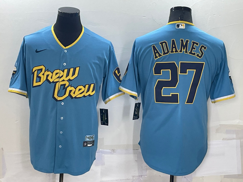 Men's Milwaukee Brewers #27 Willy Adames 2022 Powder Blue City Connect Cool Base Stitched Jersey Men's Milwaukee Brewers #27 Willy Adames 2022 Powder Blue City Connect Cool Base Stitched Jersey